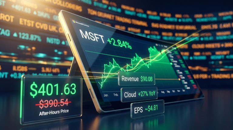 MSFT after-hours surge to $401.63 with Microsoft earnings beat of $90B revenue and EPS ~$4.81 displayed