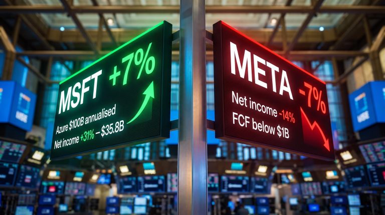 Microsoft 7% vs Meta -7% earnings panels showing Azure $100B milestone against Meta FCF collapse in big tech AI spending split