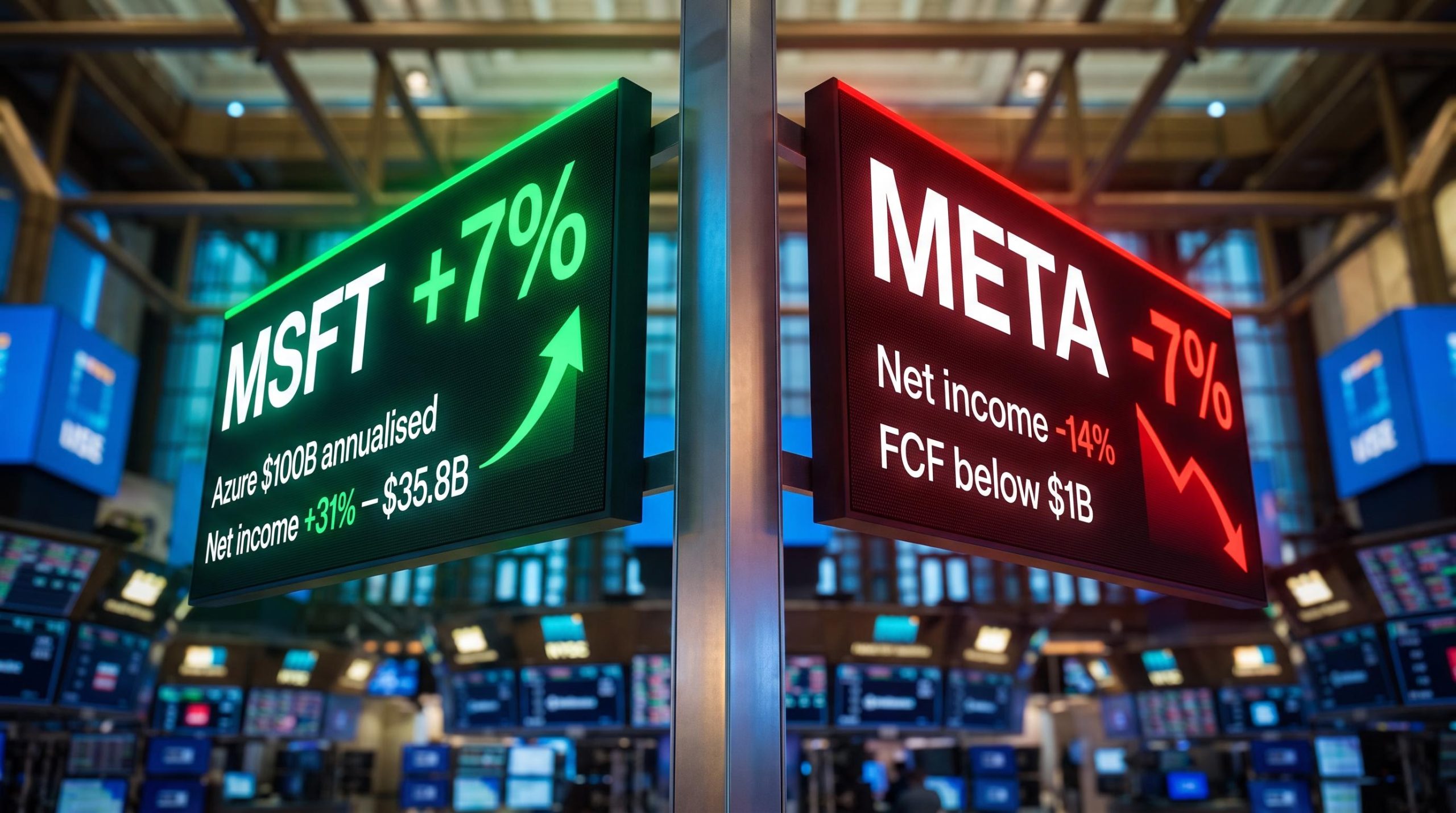 Microsoft 7% vs Meta -7% earnings panels showing Azure $100B milestone against Meta FCF collapse in big tech AI spending split