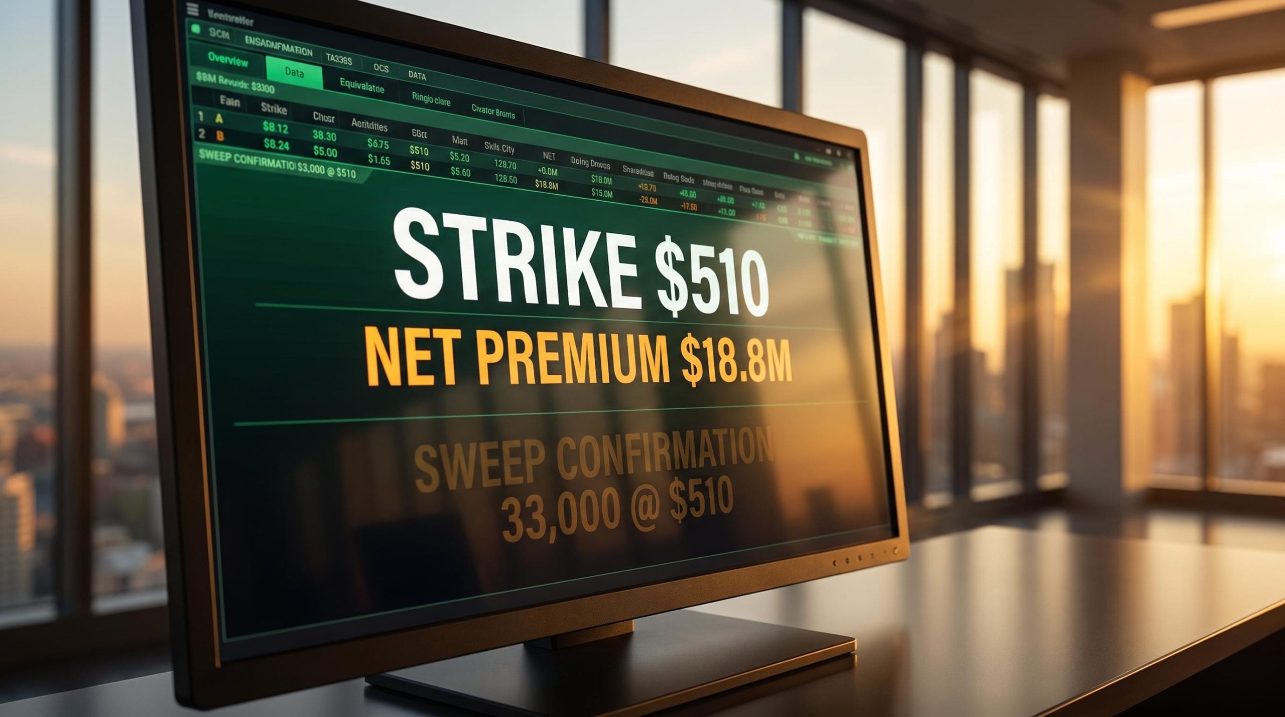 Microsoft options terminal showing $510 strike and $18.8M net premium amid institutional sweep activity