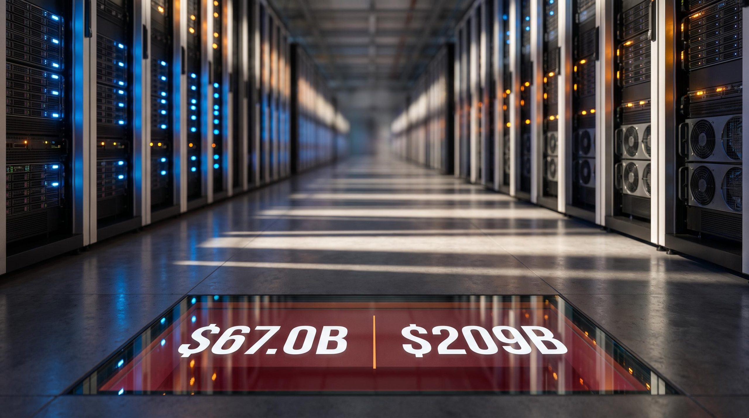Microsoft data centre corridor with $67B free cash flow vs $209B capex figures in MSFT stock analysis