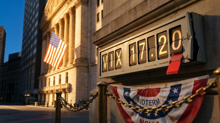 Exchange ticker showing VIX 17.20 with one red flap falling, hinting at midterm election volatility over the weekend gap
