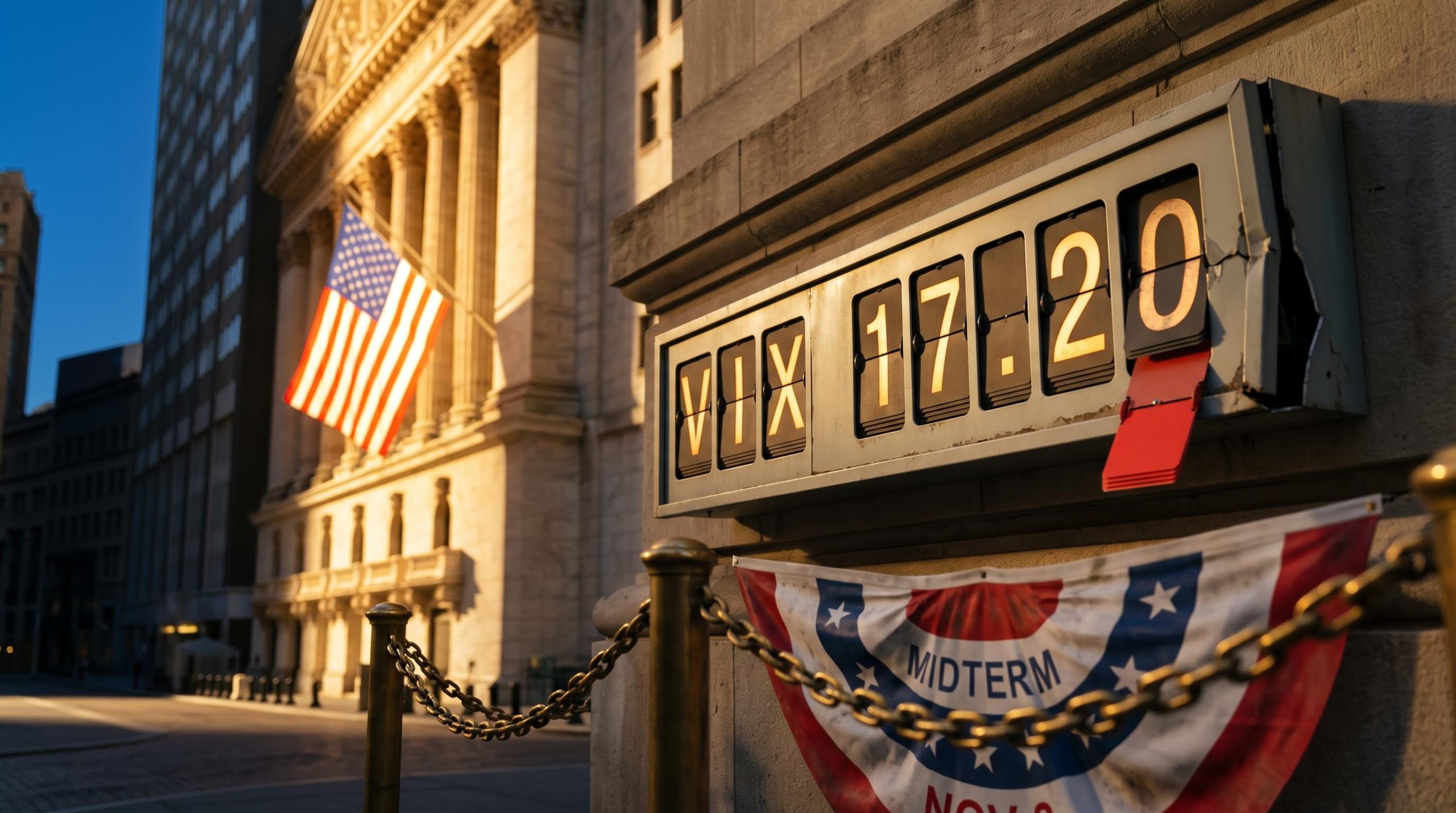 Exchange ticker showing VIX 17.20 with one red flap falling, hinting at midterm election volatility over the weekend gap