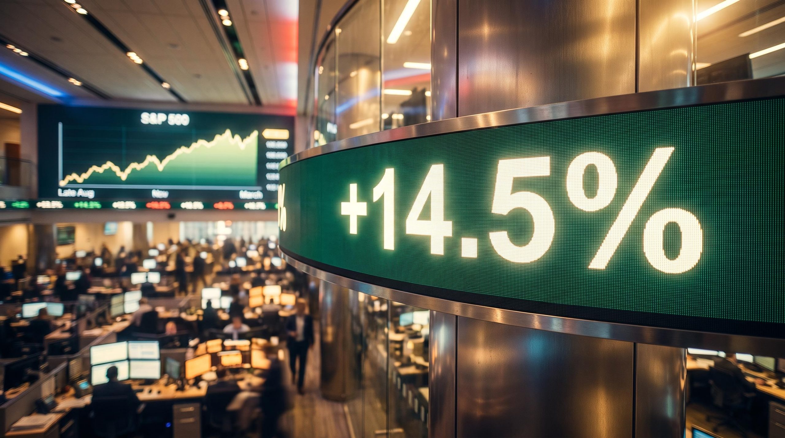 S&P 500 trading floor screen showing +14.5% midterm election investment strategy rally signal
