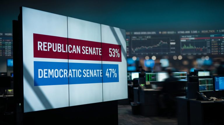 Senate probability split board showing 53% Republican vs 47% Democratic control ahead of 2026 midterm elections stock market analysis