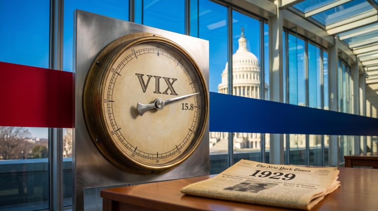 VIX gauge calm at 15.8 before the Capitol, framing the midterm elections stock market gap between rhetoric and options pricing