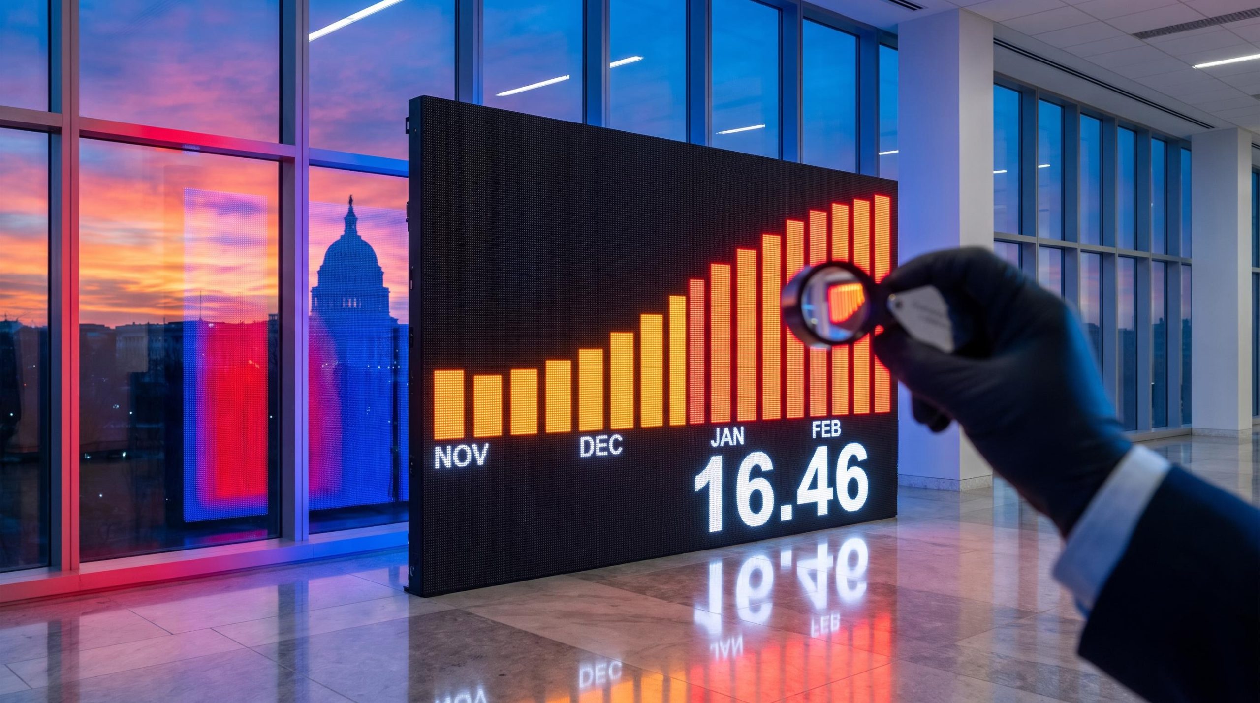 VIX futures curve board rising from November to February with spot VIX 16.46, Capitol at sunset, midterm volatility trading