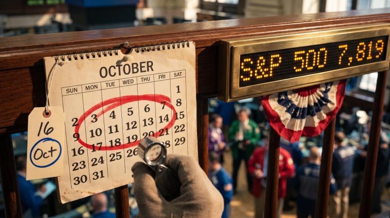 Calendar with 2–12 October circled in red under a loupe on a trading floor, highlighting midterm year October trading risk
