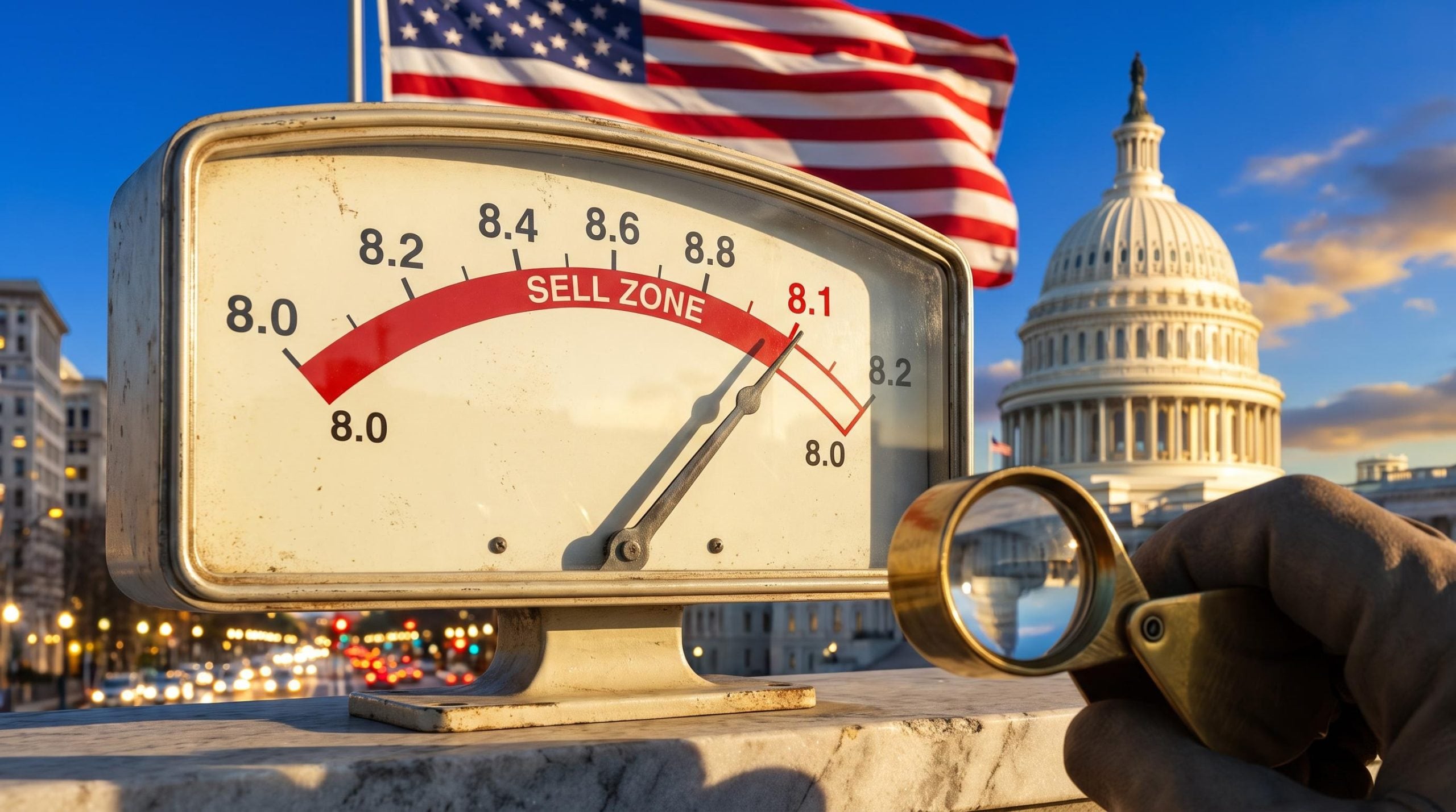 Sentiment gauge needle past the sell line at 8.1 before the US Capitol, illustrating the midterms stock market outlook