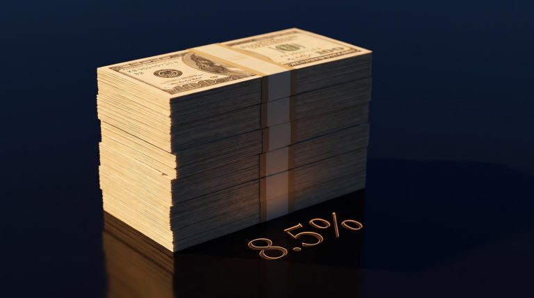 Towering stack of USD $100 bills with 8.5% behavioural gap figure — million dollar long-term investor model