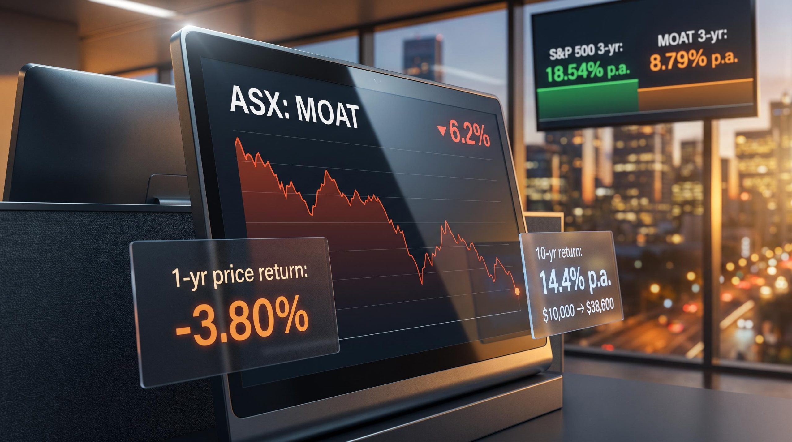 ASX: MOAT ETF trading terminal showing -3.80% one-year return against 14.4% p.a. decade record