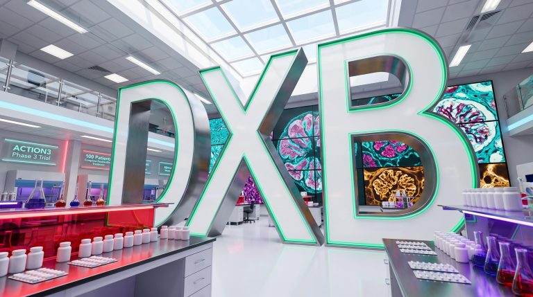 Futuristic laboratory and DXB sign