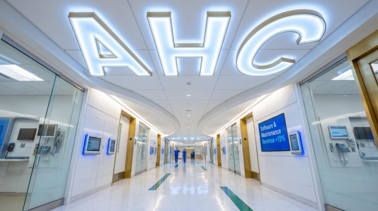 Hospital hallway with signage