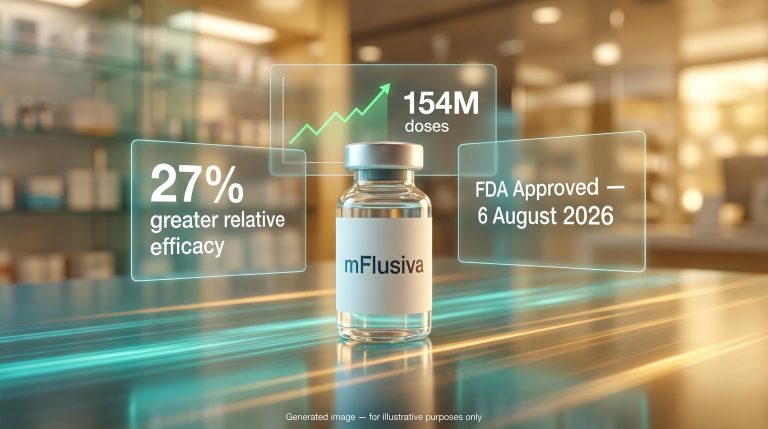 mFlusiva vaccine vial with FDA approval date 6 August 2026 and 154M-dose market data panels — Moderna flu vaccine milestone