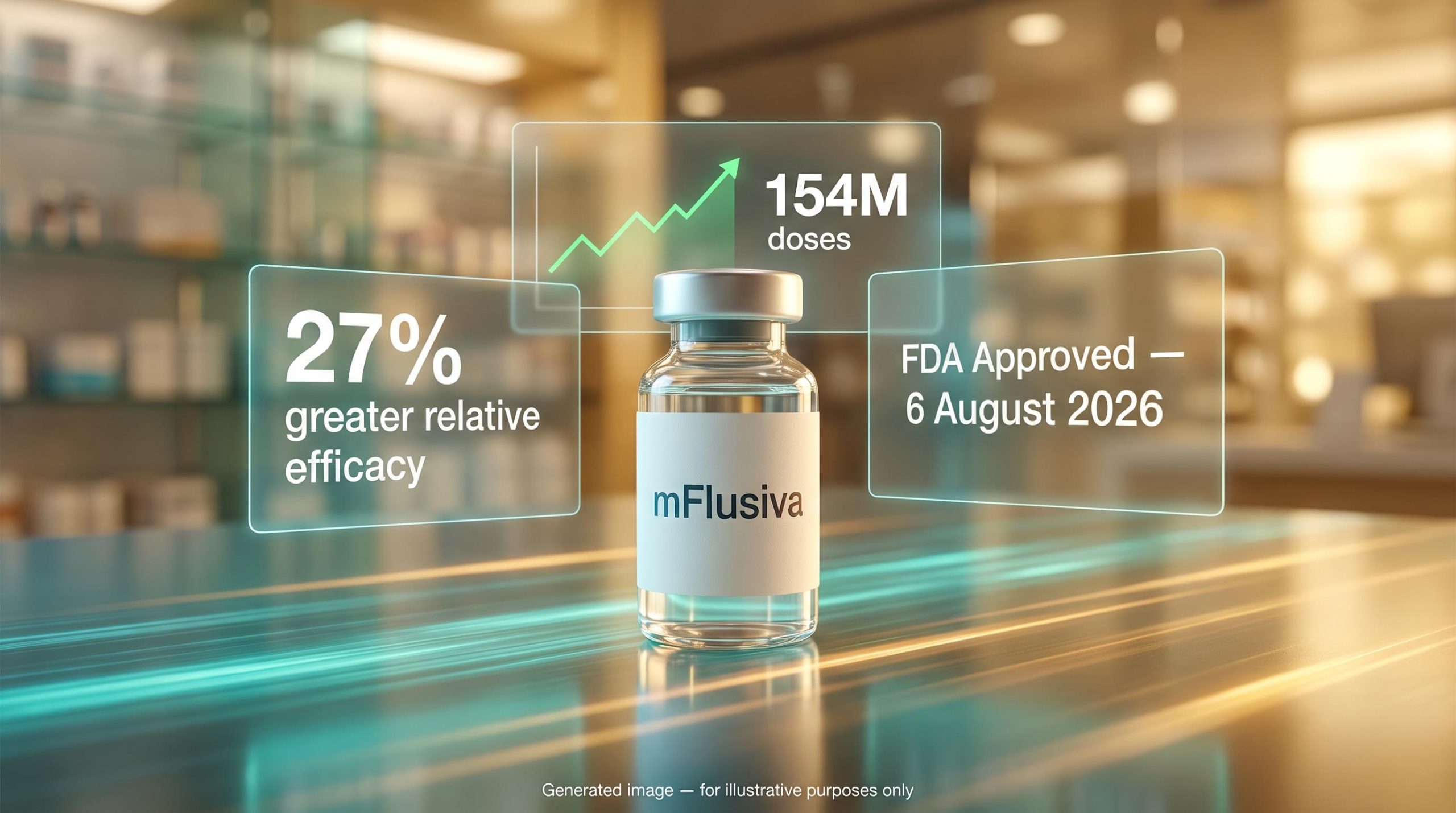 mFlusiva vaccine vial with FDA approval date 6 August 2026 and 154M-dose market data panels — Moderna flu vaccine milestone