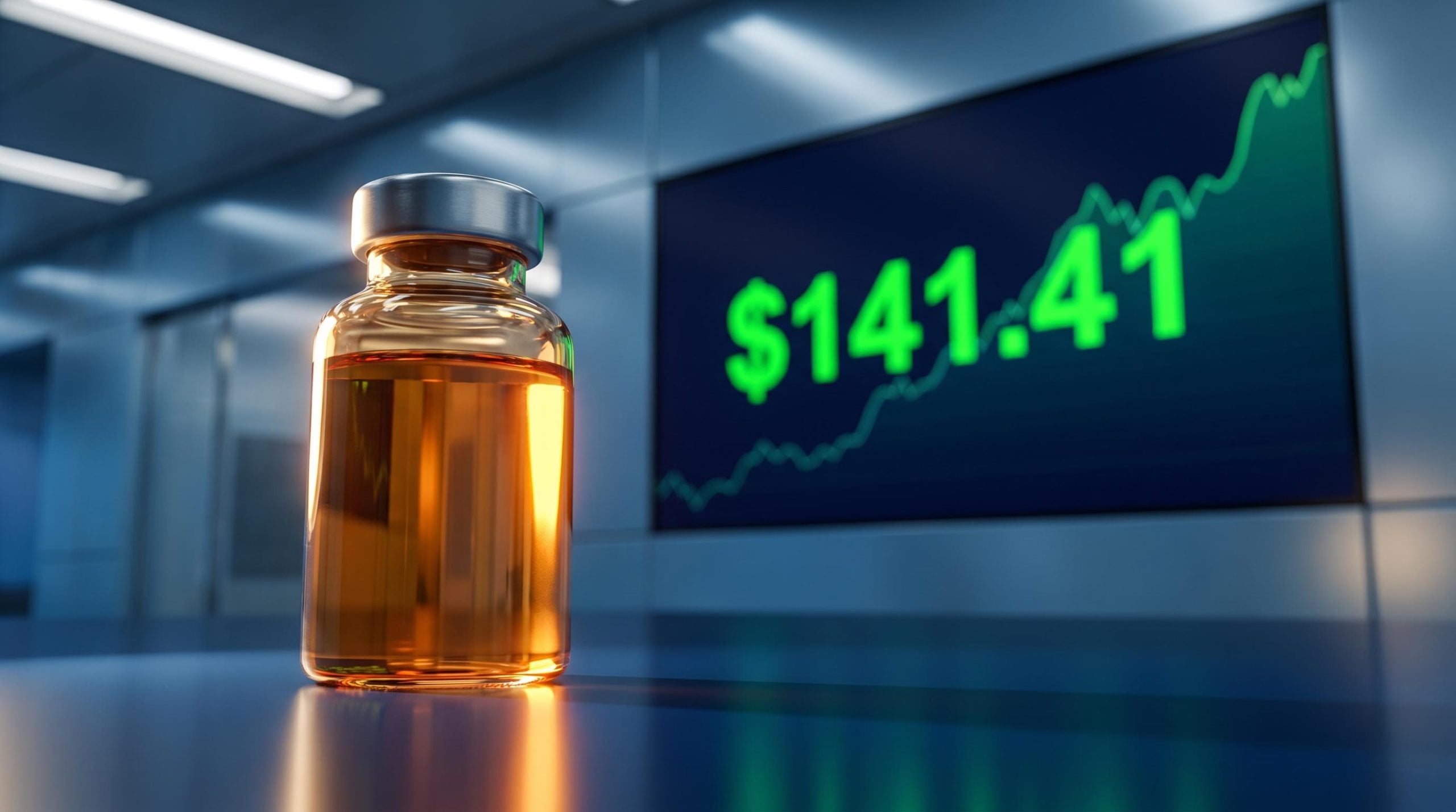Moderna mRNA cancer vaccine vial with $141.41 stock surge displayed on trading screen after Phase 3 trial halted