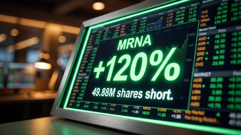 Moderna MRNA trading terminal showing +120% surge and 49.88M shares short during short squeeze on 19 August 2026