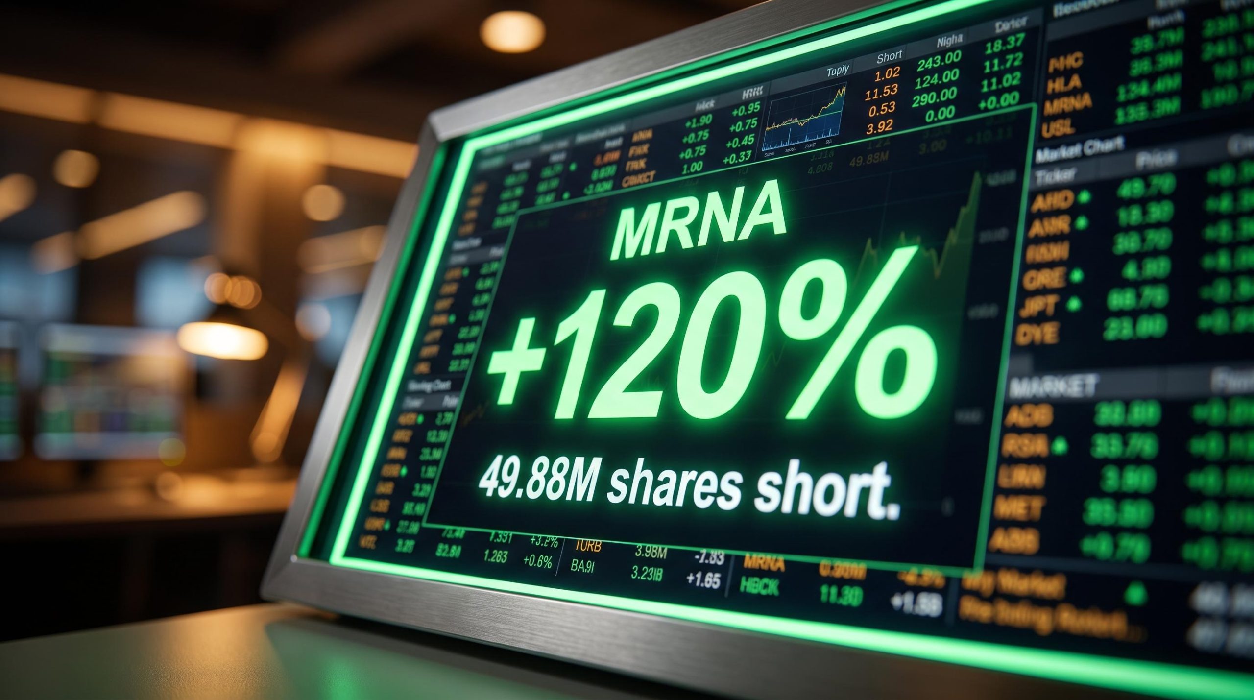 Moderna MRNA trading terminal showing +120% surge and 49.88M shares short during short squeeze on 19 August 2026