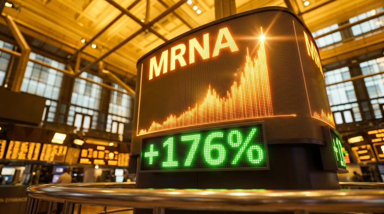 Moderna MRNA ticker screen surges +176% overnight after first Phase 3 mRNA cancer therapy trial success