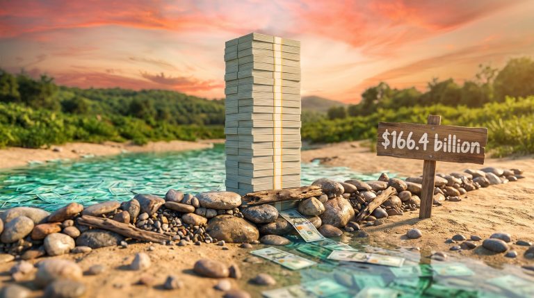 Banknote river held back by a stone dam beside a "$166.4 billion" sign, illustrating money market funds cash staying parked
