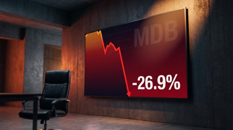 MongoDB stock chart plunging -26.9% on a trading screen, illustrating CEO departure stock impact and executive identity risk