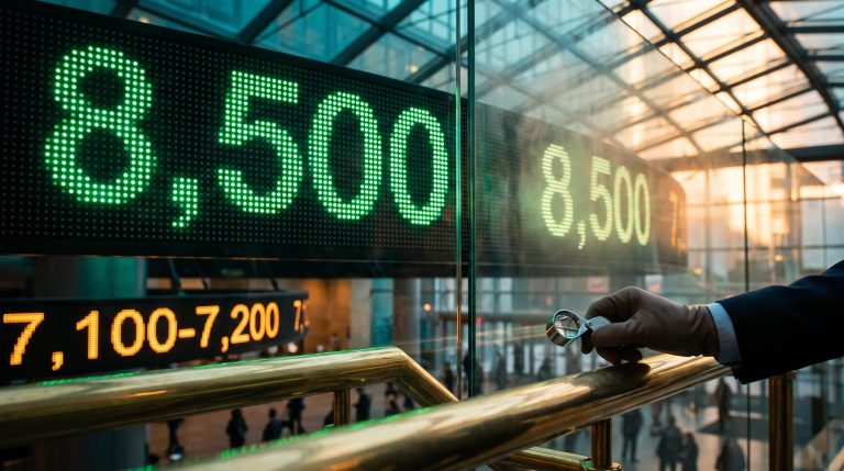 Glowing 8,500 ticker in a sunlit atrium under a loupe, representing the Morgan Stanley S&P 500 target under scrutiny