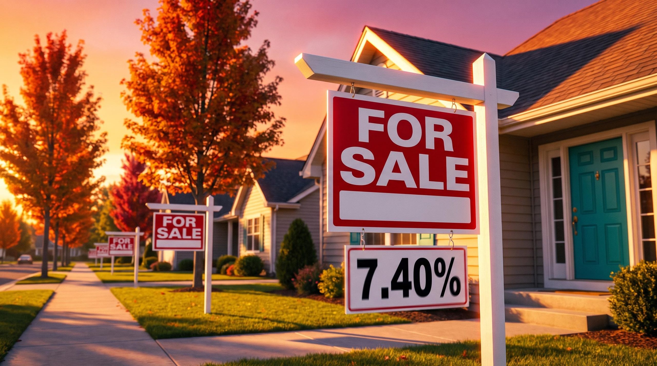 Home for sale sign with 7.40% placard on a sunlit street, illustrating mortgage industry consolidation pressure on lenders
