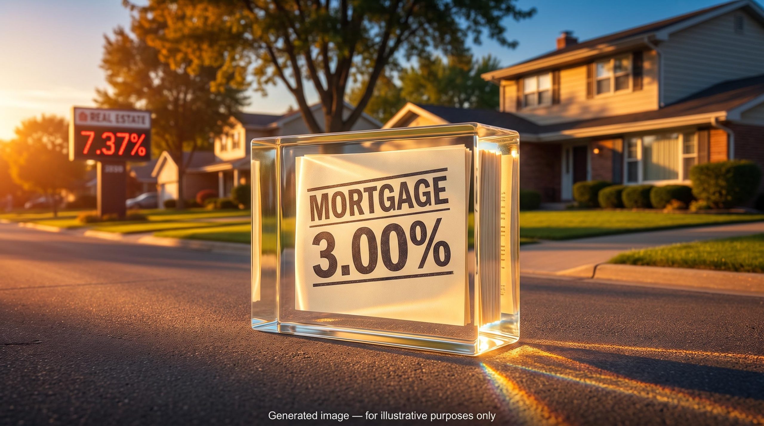 Mortgage document locked in glass block on suburban street, "3.00%" rate preserved as "7.37%" looms in background