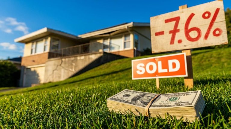 Stack of cash before a tilting house and a "-7.6%" sign, illustrating mortgage REITs paying dividends amid book value losses