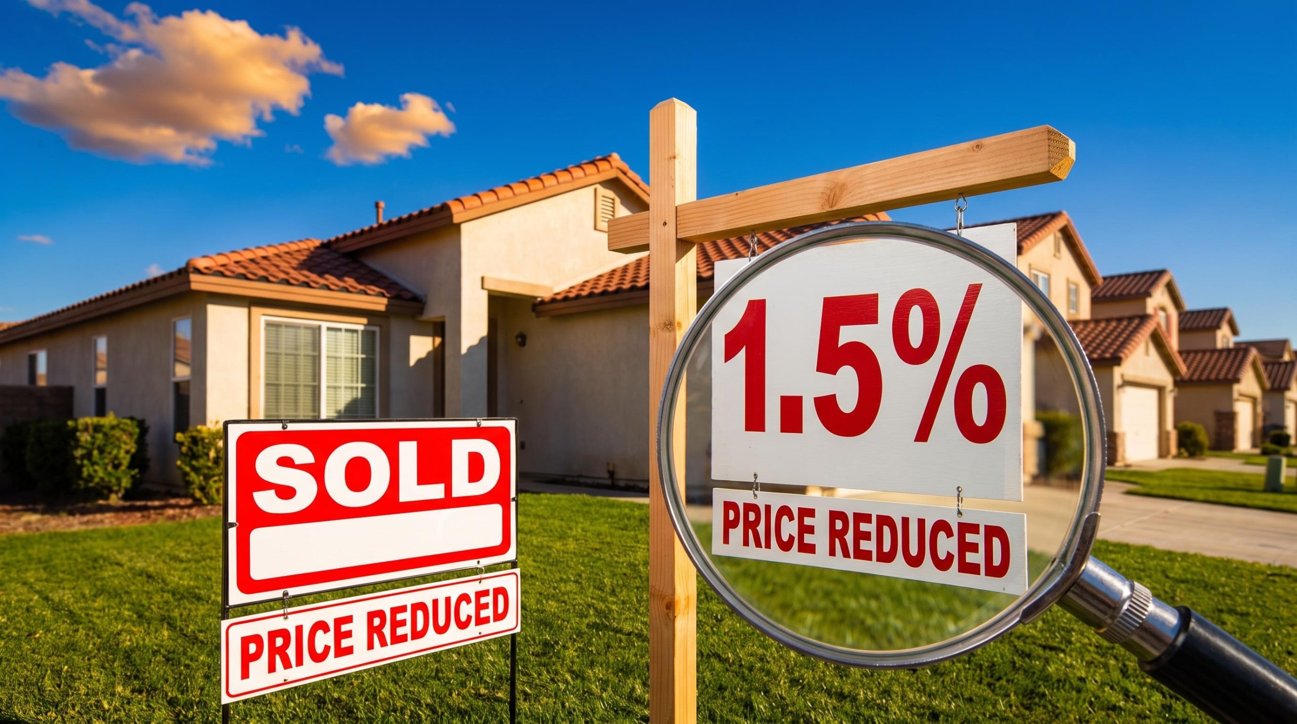 Suburban house with price-reduced sign and magnifying glass over 1.5% marker, illustrating mortgage stress and housing prices