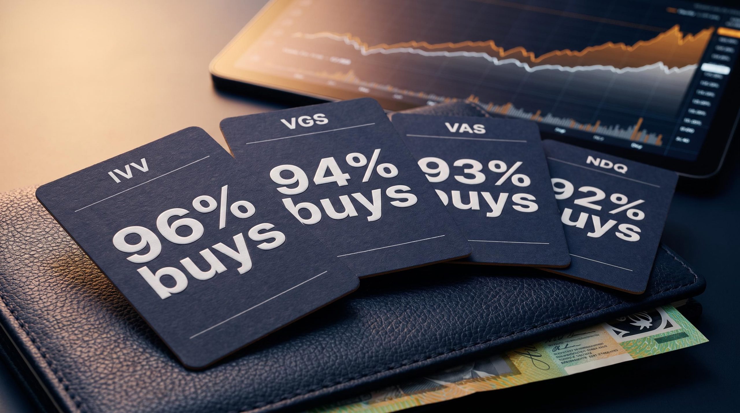 Four ETF trading cards — IVV, VGS, VAS, NDQ — showing buy ratios up to 96% on a portfolio ledger