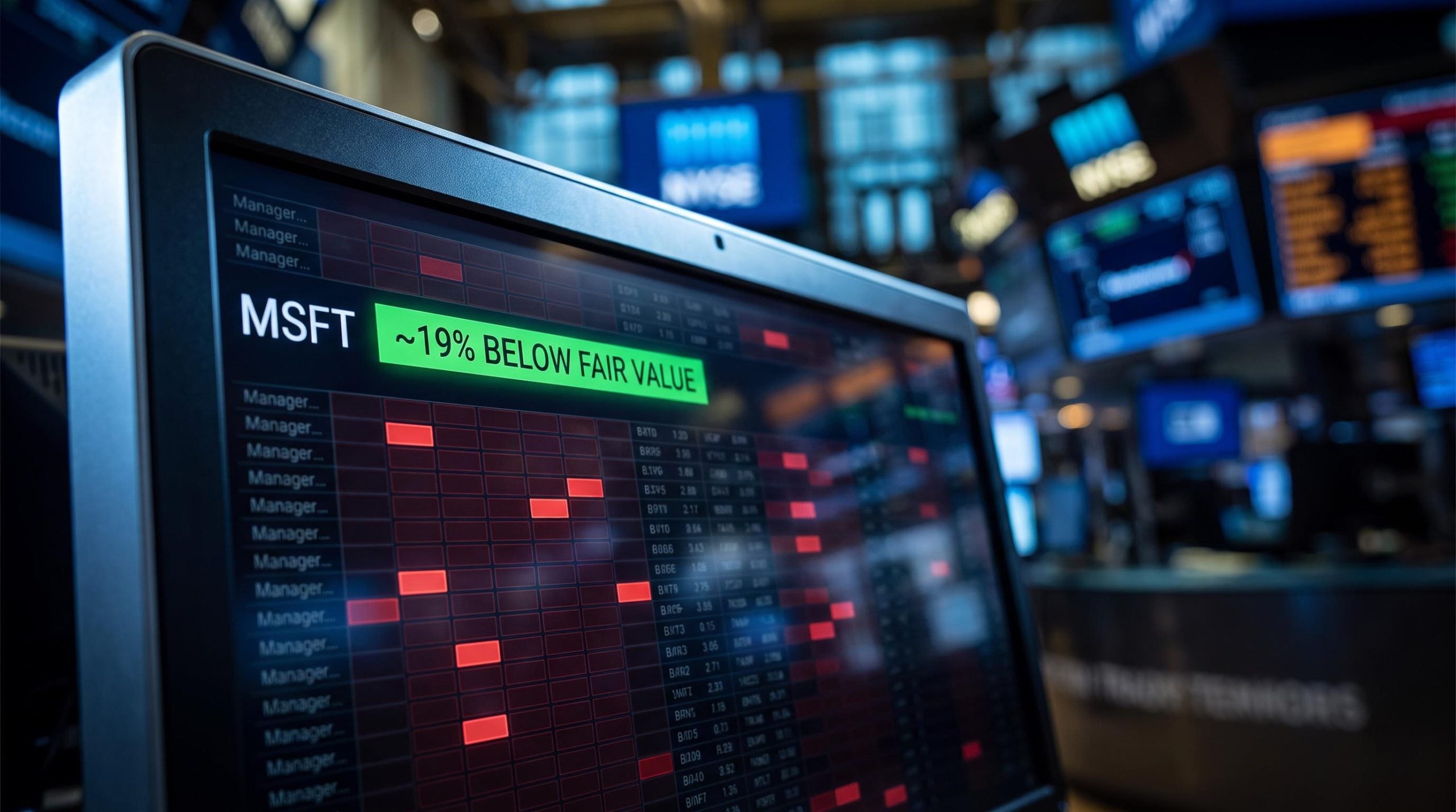 MSFT trading terminal showing 20 of 39 fund managers selling while Morningstar rates stock 19% below fair value