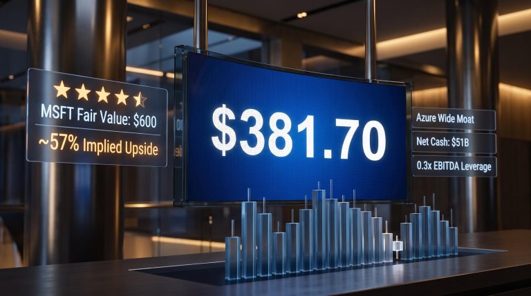 MSFT stock screen at $381.70 with $600 Morningstar fair value and 57% upside overlaid as data panels