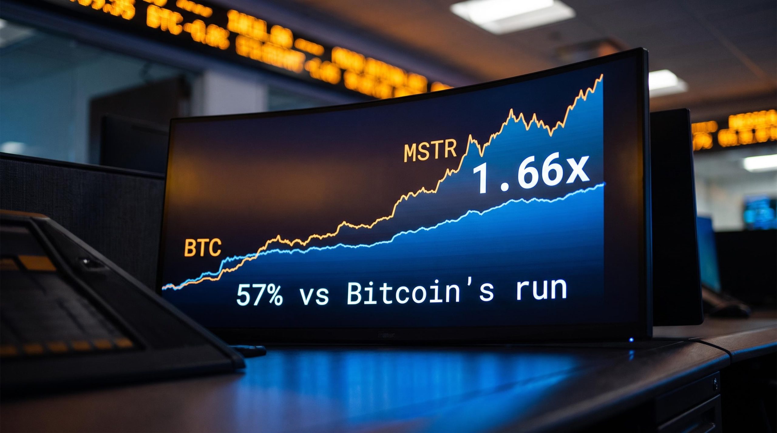 MSTR vs Bitcoin diverging price chart on trading terminal showing 1.66x beta amplification