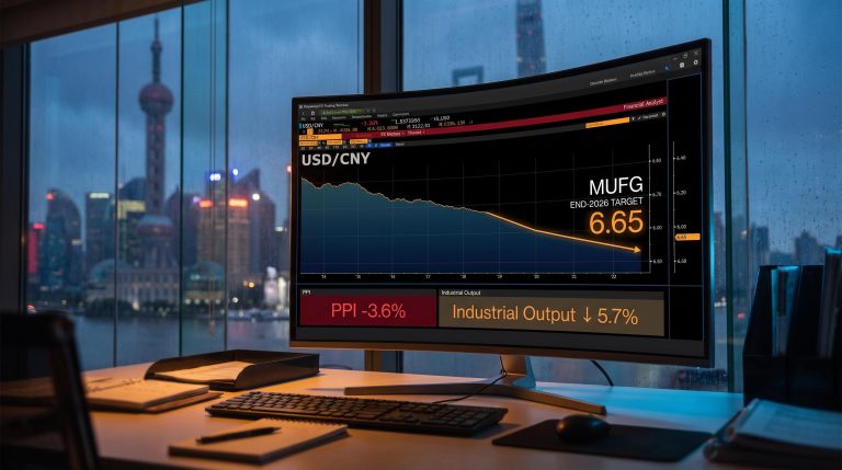 MUFG USD/CNY 6.65 target on FX terminal against Shanghai skyline amid China economic slowdown data
