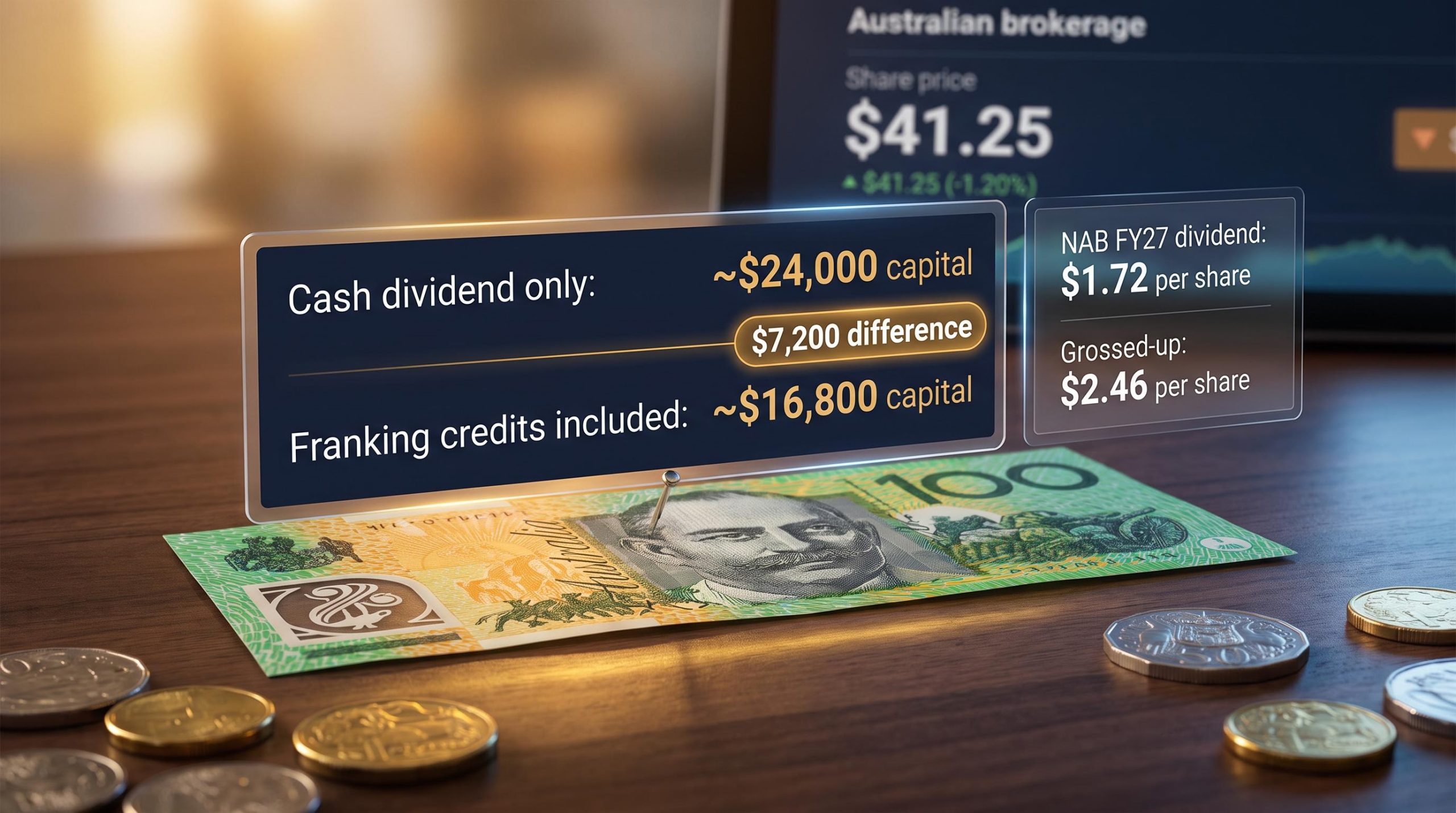 NAB dividend income calculation showing $16,800 vs $24,000 capital needed, with franking credit breakdown