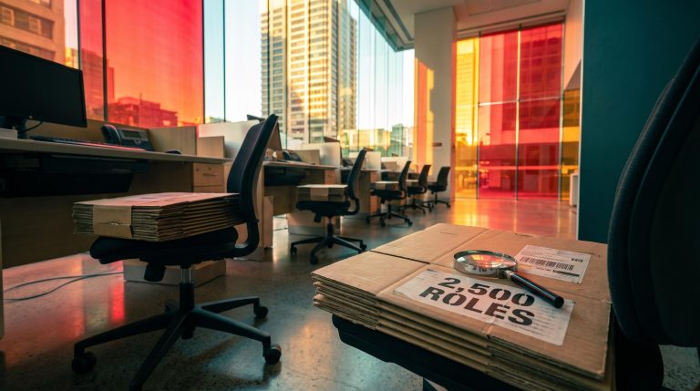 Empty bank teller desks with a packing box labelled 2,500 roles, illustrating NAB job cuts and scrutiny of the AI claim