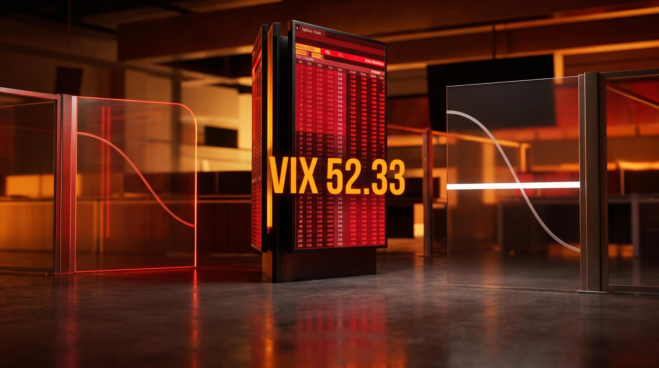 VIX 52.33 blazes on a trading terminal as naked short put vs put spread loss curves diverge in April 2025 selloff