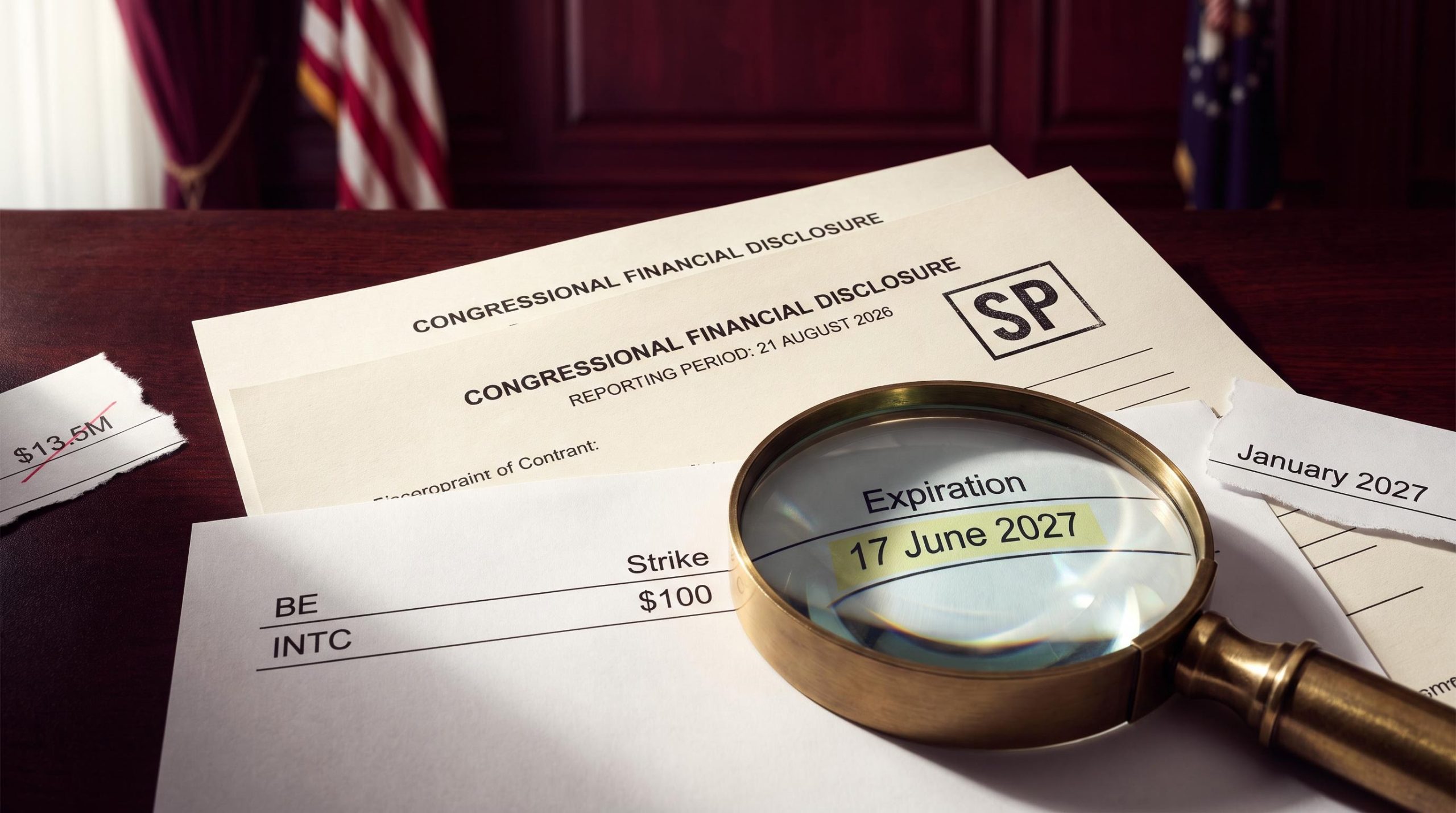Pelosi household disclosure documents under magnifying glass highlighting 17 June 2027 LEAP expiration date