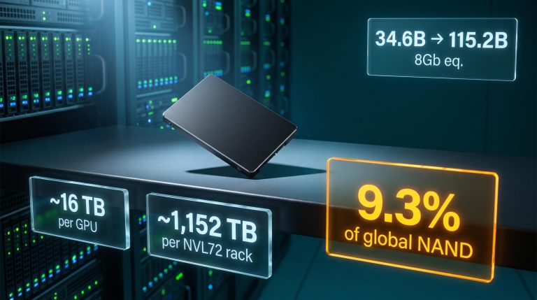 Enterprise NVMe SSD with NAND demand supercycle data overlays showing 9.3% global NAND share projection