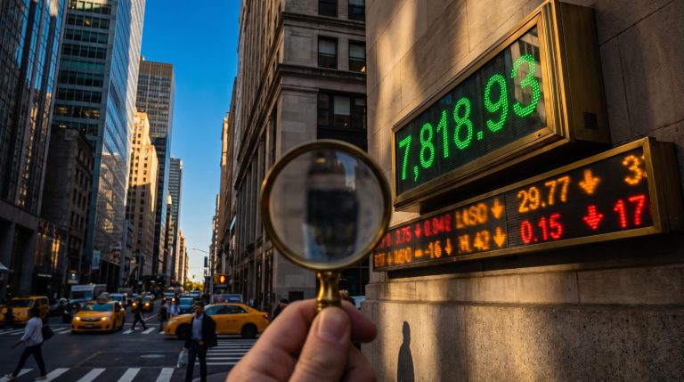 Ticker board showing S&P 500 record 7,818.93 seen through a loupe, illustrating narrow breadth and Treasury yields