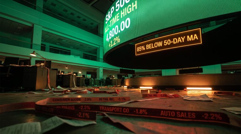Trading floor LED board surges green as amber retail tickers decay below, visualising the narrow market rally bifurcation