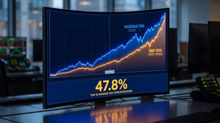 Dual overlapping Nasdaq 100 charts comparing 1997–2000 and 2022–2026 on a trading screen showing 47.8% concentration