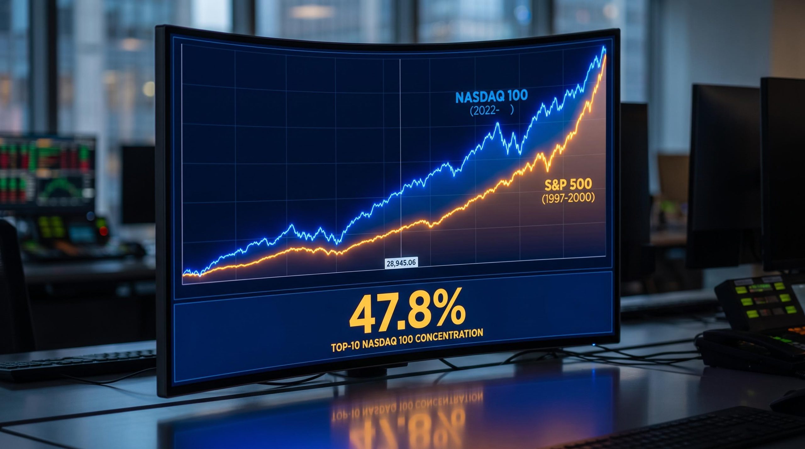 Dual overlapping Nasdaq 100 charts comparing 1997–2000 and 2022–2026 on a trading screen showing 47.8% concentration