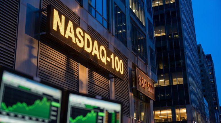 Nasdaq-100 scoreboard dominates exchange building facade, S&P 500 placard below — benchmark shift analysis