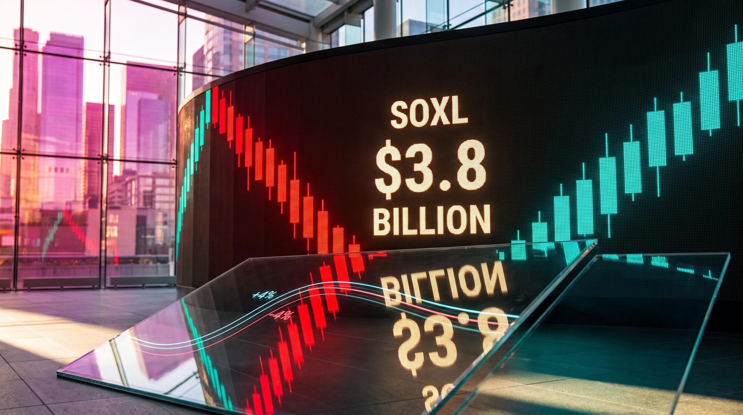 Trading-floor ticker wall showing SOXL and $3.8 billion inflows, illustrating NASDAQ 100 earnings skew and stress signals