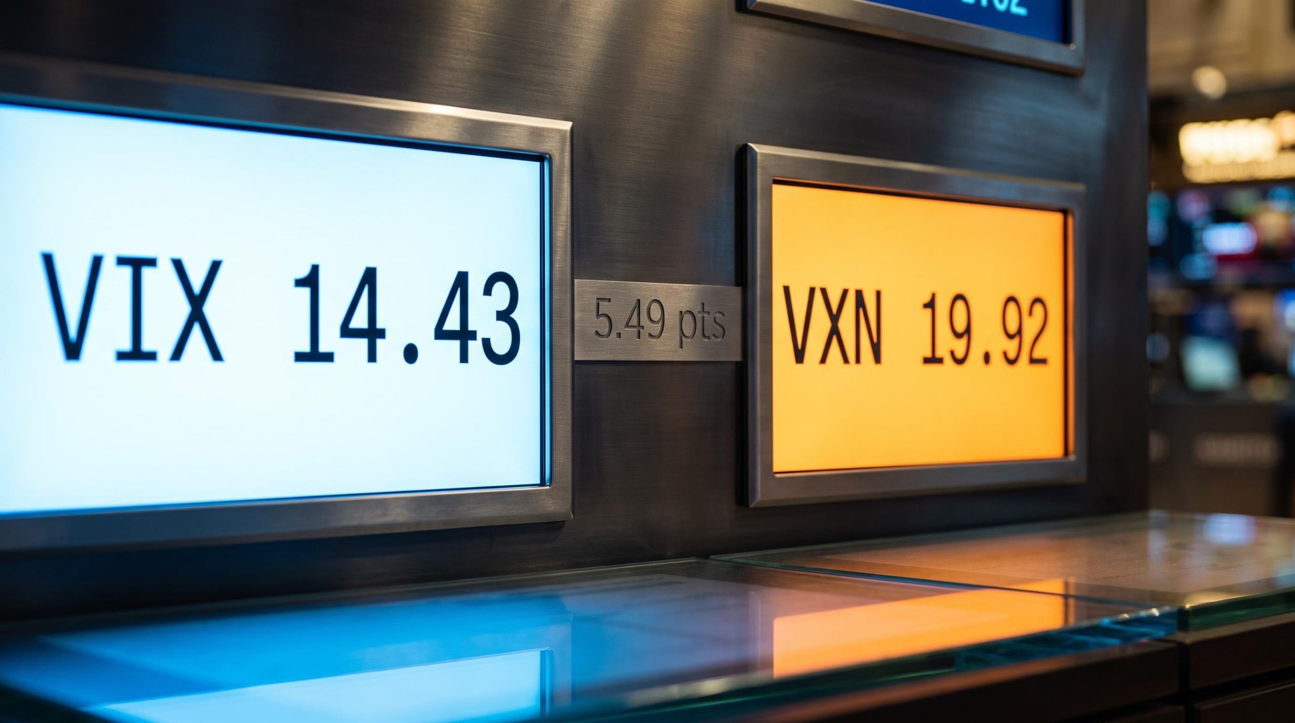 VXN vs VIX screens showing 5.49-point Nasdaq 100 vs S&P 500 volatility spread in trading floor setting