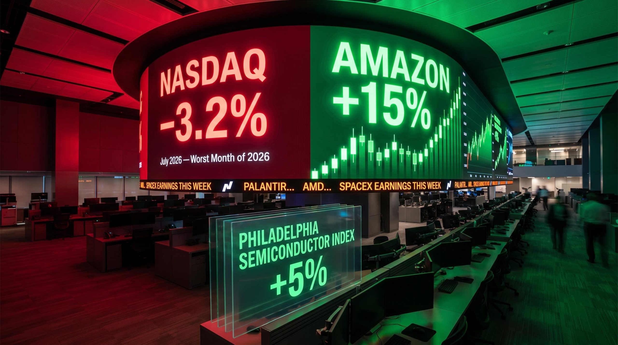 NASDAQ −3.2% July 2026 loss vs Amazon 15% earnings surge on exchange trading floor screens