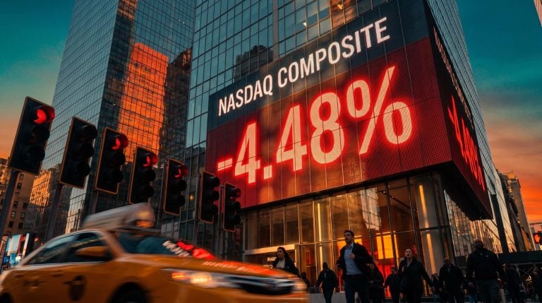 Red LED board showing -4.48% for the Nasdaq Composite at golden hour, marking the Nasdaq weekly selloff