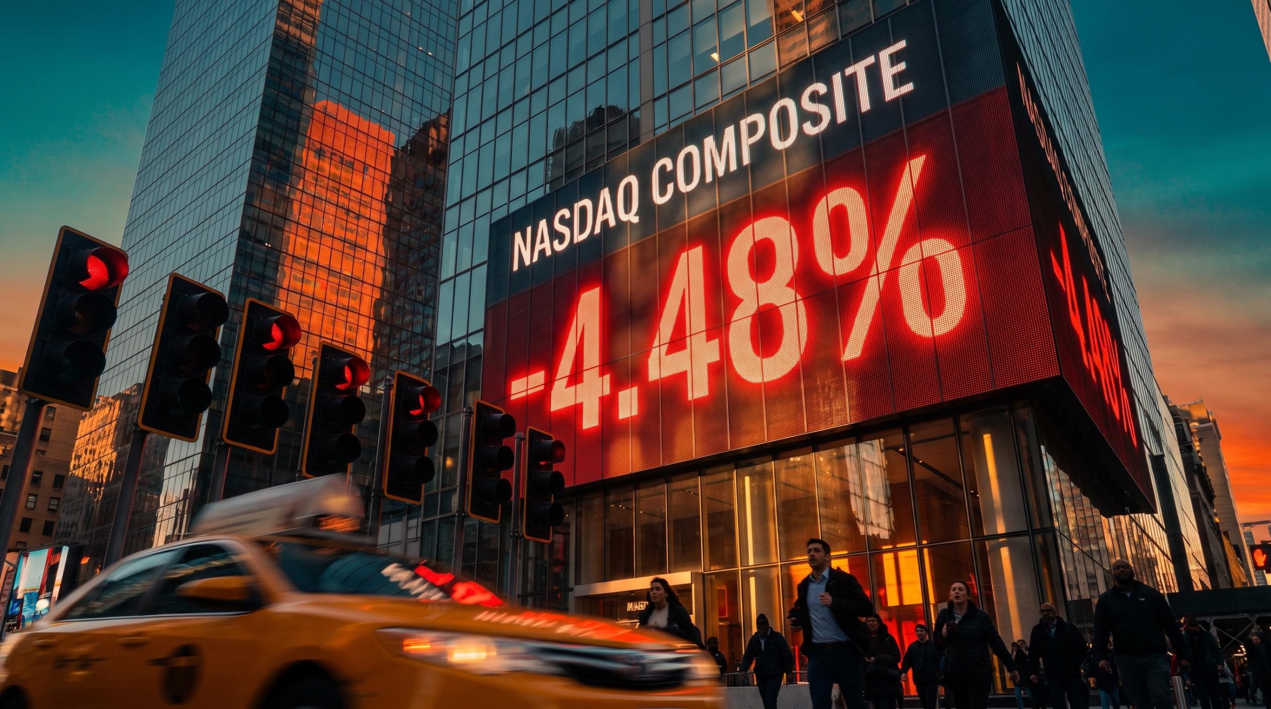 Red LED board showing -4.48% for the Nasdaq Composite at golden hour, marking the Nasdaq weekly selloff